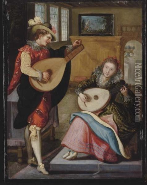 A Couple Playing The Lute In An Elegant Interior Oil Painting - Louis de Caullery