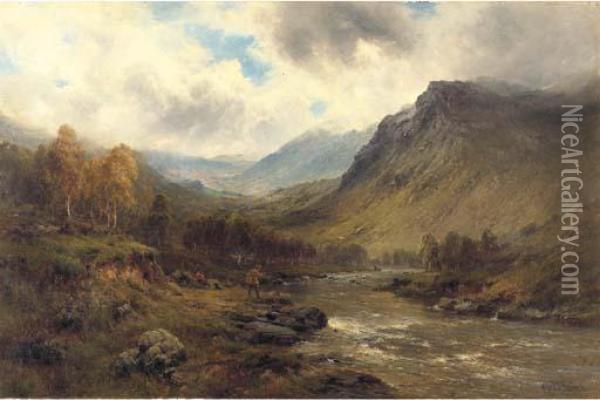 A Perthshire Salmon River Oil Painting - Alfred de Breanski