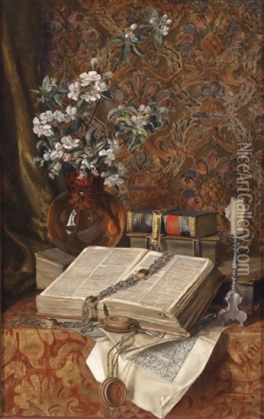 Stillleben Mit Folianten Und Kirschbluten Oil Painting - Francesco Malacrea