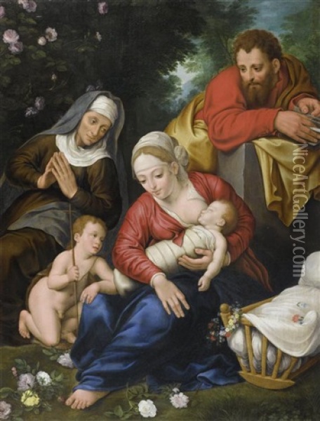 Heilige Familie Mit Elizabeth Und Johannes Dem Taufer (collab. W/jan Brueghel The Younger) Oil Painting - Marten Pepyn