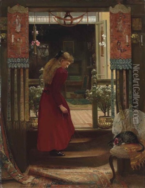 A Girl Playing With A Cat In An Interior Oil Painting - Edward Henry Fahey