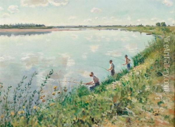 Fisherman By River Oil Painting - Alfred Louis Andrieux