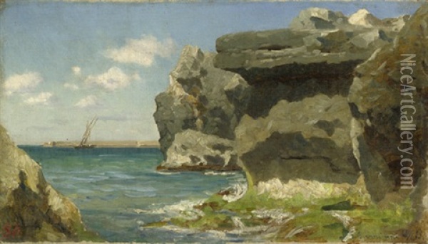 Mediterrane Kustenlandschaft Mit Felsen Oil Painting - Edmund Berninger
