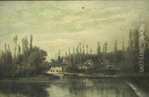 A River Landscape With Poplars Along The River Bank Oil Painting - Peter Edward Rudell