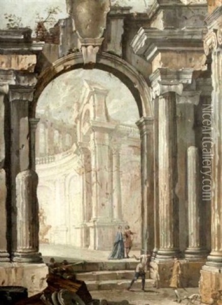 Elegant Figures Amongst Ruins Oil Painting - Pietro Paltronieri