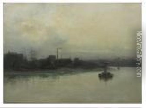 Misty Harbor With Boats And Smoke Stacks Oil Painting - Arthur Vidal Diehl
