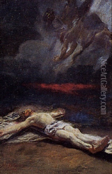 Gekreuzigter Christus Am Boden Liegend, In Den Wolken Engelgruppe Oil Painting - Johann Caspar Herterich
