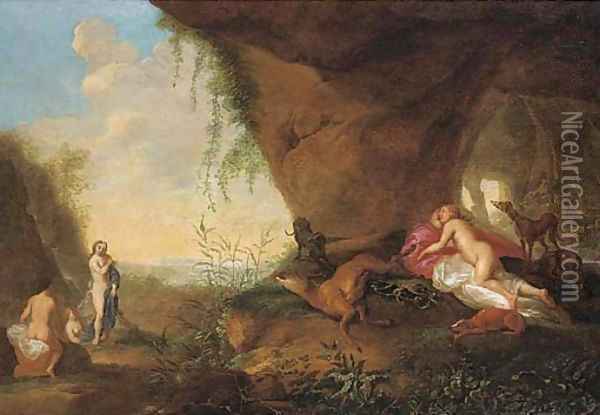 Diana and her nymphs resting by a cave Oil Painting - Abraham van Cuylenborch