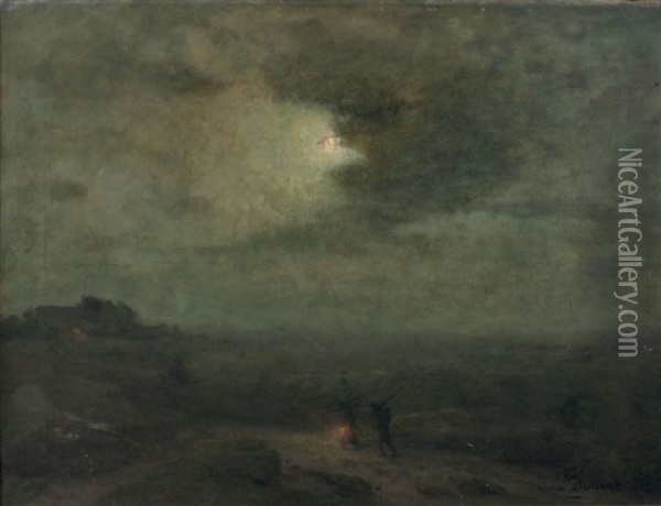 Deux Personnages Cheminant Dans Un Paysage Nocturne Oil Painting - Adrien Louis Demont