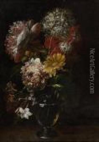 Floral Still Life In A Glass Vase. Oil Painting - Gaspar-pieter The Younger Verbruggen