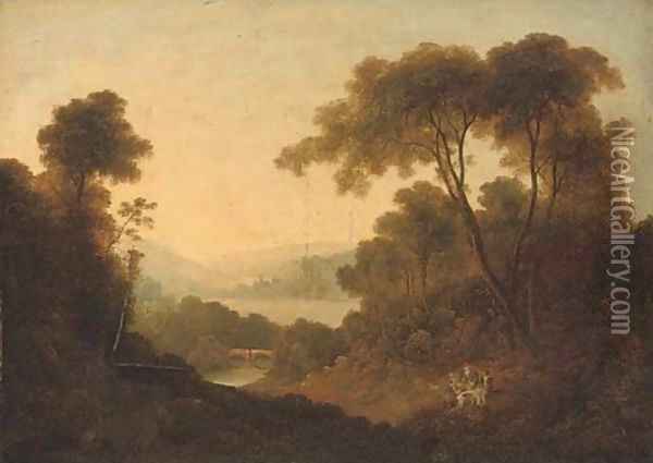 A wooded river landscape with travellers at rest on a bank Oil Painting - Thomas Barker of Bath