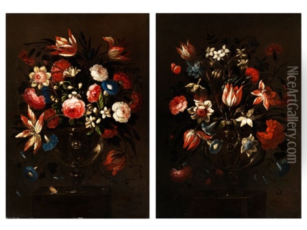 Paar Blumenstilleben (or Attributed To Juan De Arellano) (pair) Oil Painting - Jose De Arellano