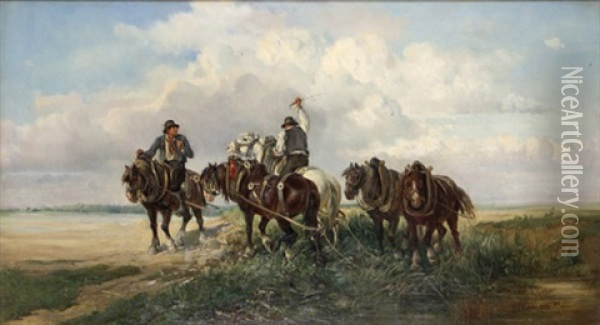 In Weiter Donaulandschaft Zwei Bauern Ihre Pferde An Die Tranke Fuhrend Oil Painting - Ignaz Ellminger