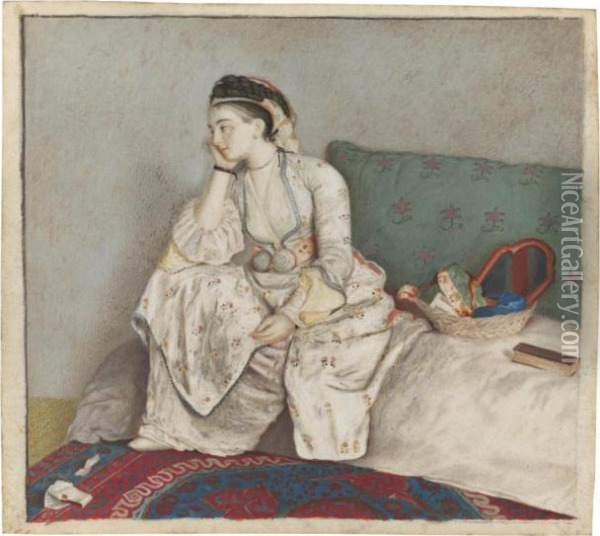 A Pensive Woman On A Sofa Oil Painting - Etienne Liotard