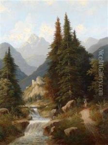 Gebirgige Landschaft Mit Burgruine Oil Painting - Josef, Jacob Burgaritzky
