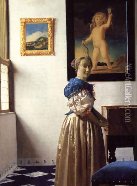 Young Woman Standing at a Virginal Oil Painting - Jan Vermeer Van Delft