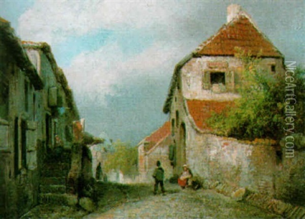Figures In A Village Oil Painting - Wilhelm Georg Wagner
