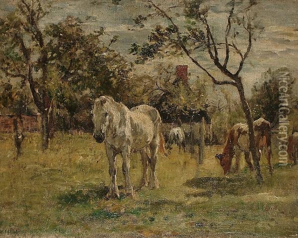 Horses And Cattle In An Orchard Oil Painting - William Mark Fisher