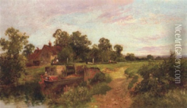 Evening, Old Locks On The Canal, Woking Oil Painting - Walter Wallor Caffyn