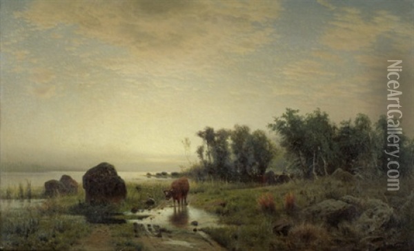 Boddenlandschaft Im Abendlicht Oil Painting - Louis Douzette