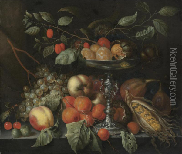 Cherries, Grapes, Apricots, Figs, Maize, And Other Fruit With A Silver Tazza On A Table Oil Painting - Cornelis De Bryer