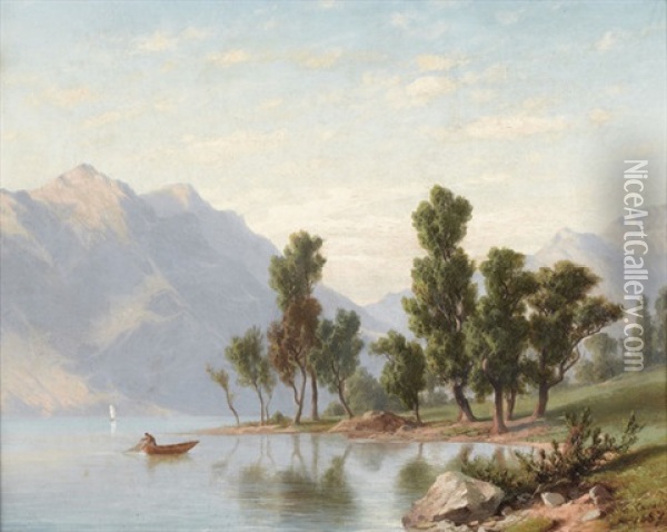 Sommerliche Seelandschaft Im Gebirge Oil Painting - Cesare Cavalie