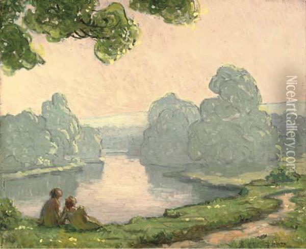 A Riverside Tryst Oil Painting - Maurice Chabas