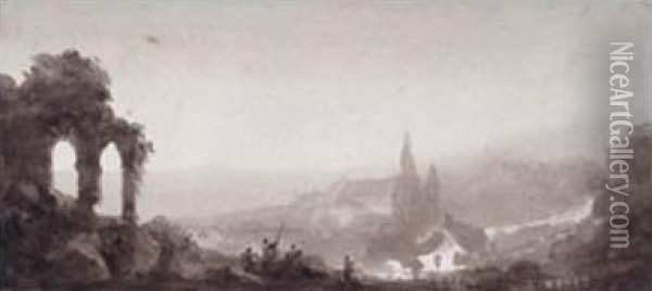 Ruines Antiques Dans Un Paysage Imaginaire, Vers 1830 Oil Painting - Louis Jacques Mande Daguerre