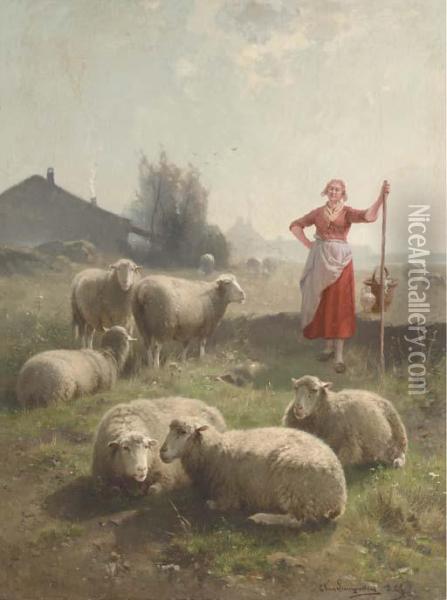 A Shepherdess And Her Flock Oil Painting - Cornelis van Leemputten