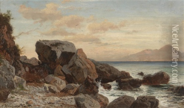Rocky Coastline On Capri With View Of Vesuvius Oil Painting - Alois Kirnig