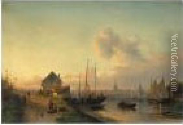 View Of A Town, Evening Oil Painting - Charles Henri Leickert