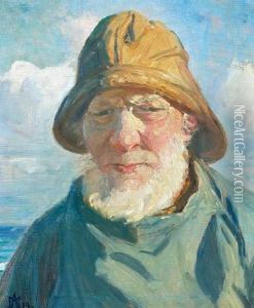 A Portrait Of A Fisherman With 
Sunlight On His Left Chin. Signed M. A. 19. Oil On Plate. 45,5 X 40 Cm Oil Painting - Michael Ancher