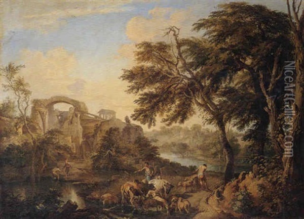 An Italianate Landscape With Drovers And Fishermen On The Banks Of A River Oil Painting - Andrea Locatelli