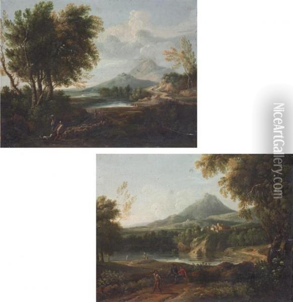 An Extensive River Landscape 
With A Shepherd And His Flock, Other Figures On A Path And A Mountain 
Range Beyond; And An Extensive Lake Landscape With Figures Resting On 
The Bank, A Town And Mountains Beyond Oil Painting - Jan Frans Van Bloemen (Orizzonte)