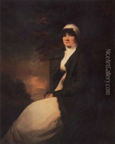 Portrait Of Zepherina Veitch In A White Dress And A Green Cape, An Extensive Landscape Beyond Oil Painting - Sir Henry Raeburn