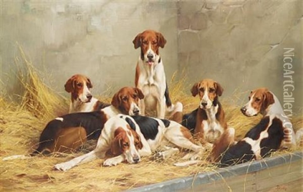 Hounds In A Kennel Oil Painting - Thomas Blinks