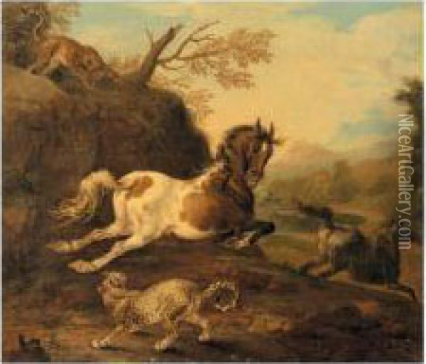 A Mountainous Landscape With A Tiger And Leopard Attacking Wild Horses Oil Painting - Carl Borromaus Andreas Ruthart