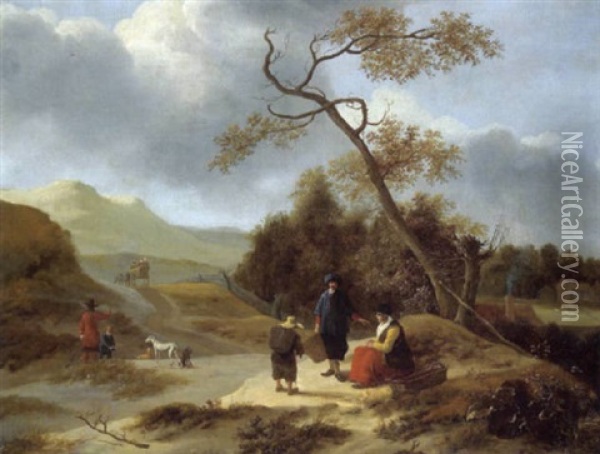 Rastende Bauern Und Reisende In Einer Hugeligen Landschaft Oil Painting - Jan Baptist Wolfaerts
