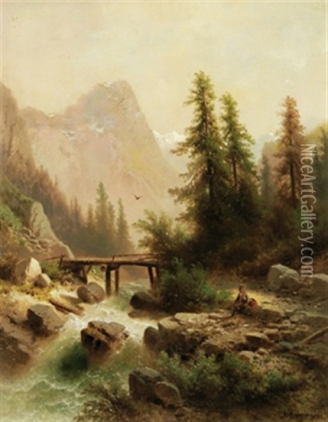 Rastende Wanderer Am Bachufer Oil Painting - Albert Rieger