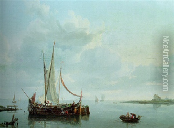 A Calm: A River Landscape With Crewmen Unloading A Ship In The Foreground Oil Painting - Hermanus Koekkoek the Elder