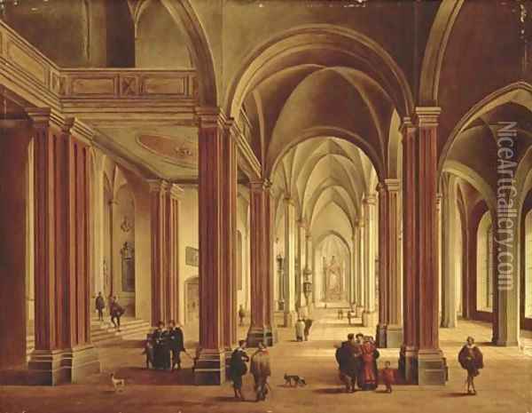 The interior of a Gothic Cathedral with elegant figures Oil Painting - Johann Ludwig Ernst Morgenstern
