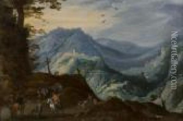 Cavaliers Et Paysans Dans Un Paysage Panoramique Oil Painting - Joos De Momper