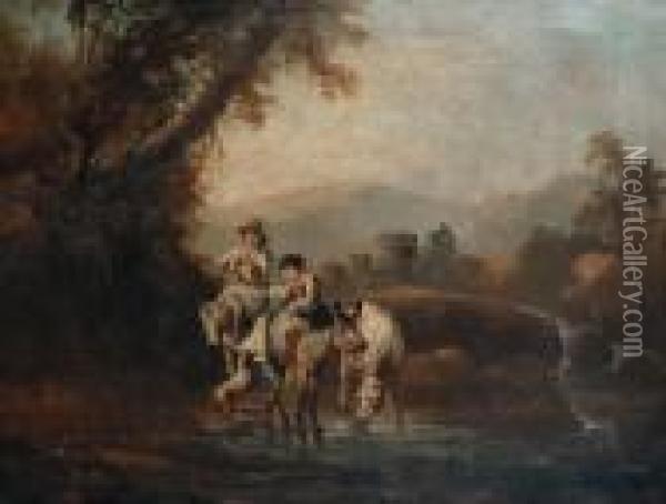 Travellers At A Stream Oil Painting - Nicolaes Berchem