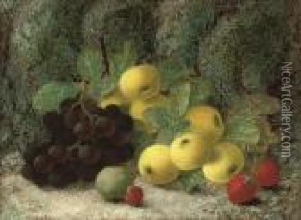 Grapes, Apples, Plum, Raspberries And Strawberries On A Mossy Bank Oil Painting - Oliver Clare