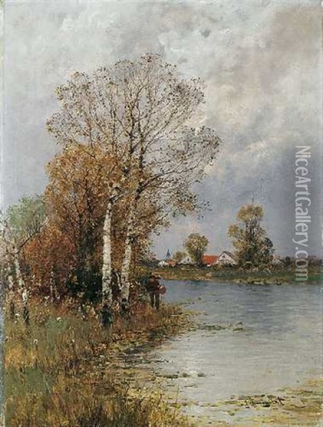 Flusslandschaft Mit Dorf Oil Painting - Johann Jungblut
