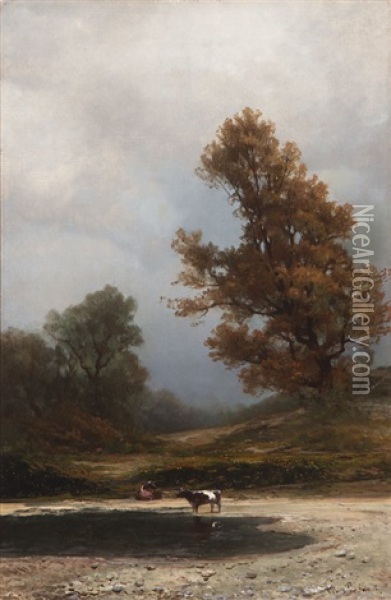 Cows Watering In A Landscape (california?) Oil Painting - Carl Von Perbandt