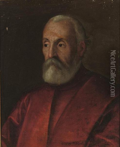 Portrait Of A Man, Bust-length, In A Red Cloak Oil Painting - Tiziano Vecellio (Titian)