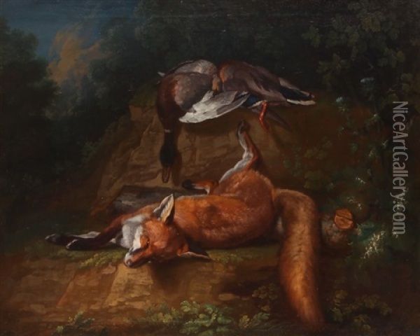 Grosses Jagdstillleben Mit Fuchs Und Wildente Oil Painting - Johann Georg de Hamilton