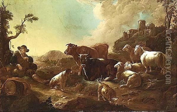 A Shepherd Resting With His Oil Painting - Philipp Peter Roos