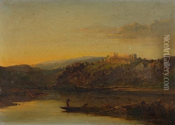 A Fishermen On A River, With Castle Catching The Evening Light Beyond Oil Painting - Edward Charles Williams